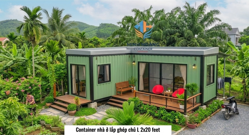 Container Nhà Ở Ghép Chữ L 2x20 Feet Xanh Lá